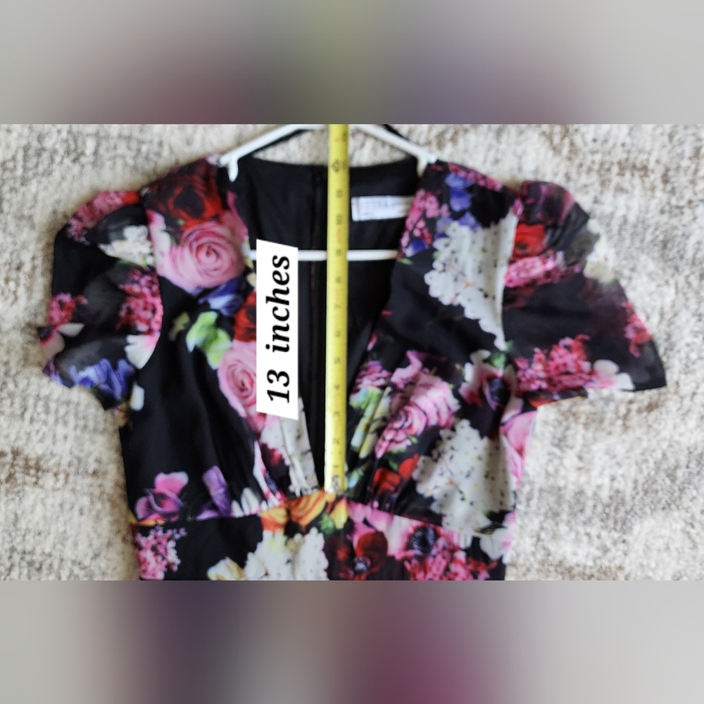 Ieena for Mac DuggalBlack Floral Print Mesh Short Sleeve Gown, Sizee 6 Worn Once - Picture 12 of 15